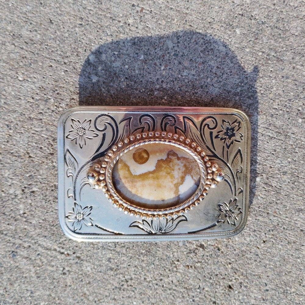 Vintage Western Belt Buckle Floral Engraved Silver Tone w/ Stone Cowboy Cowgirl